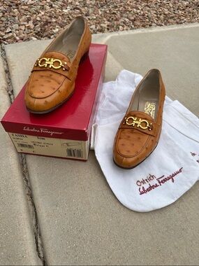 Salvatore Ferragamo Cognac Ostrich Leather Loafers with Gold Bit